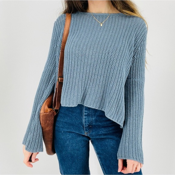 roxy sky blue boho beachy open back knit sweater flowy sleeve size s - Picture 3 of 8